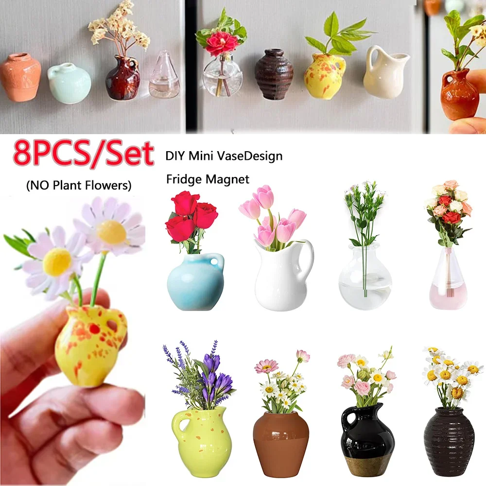 

8PCS/Set Mini Ceramic Vase Design Magnet Refrigerator Magnet DIY Fridge Magnet for Flower for Flower Refrigerator Decorations