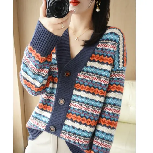 Thickened Striped Long-Sleeved Knitted Cardigan Women's Short Coat Sweater With Loose Sweater And Casual Warm Coat In Autumn And - Image 6