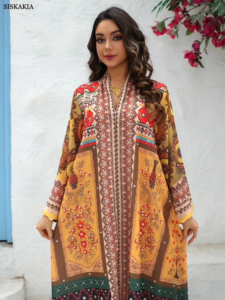 Siskakia luxo impressão mulher vestido de noite muçulmano abaya com strass roupas femininas marroquinas