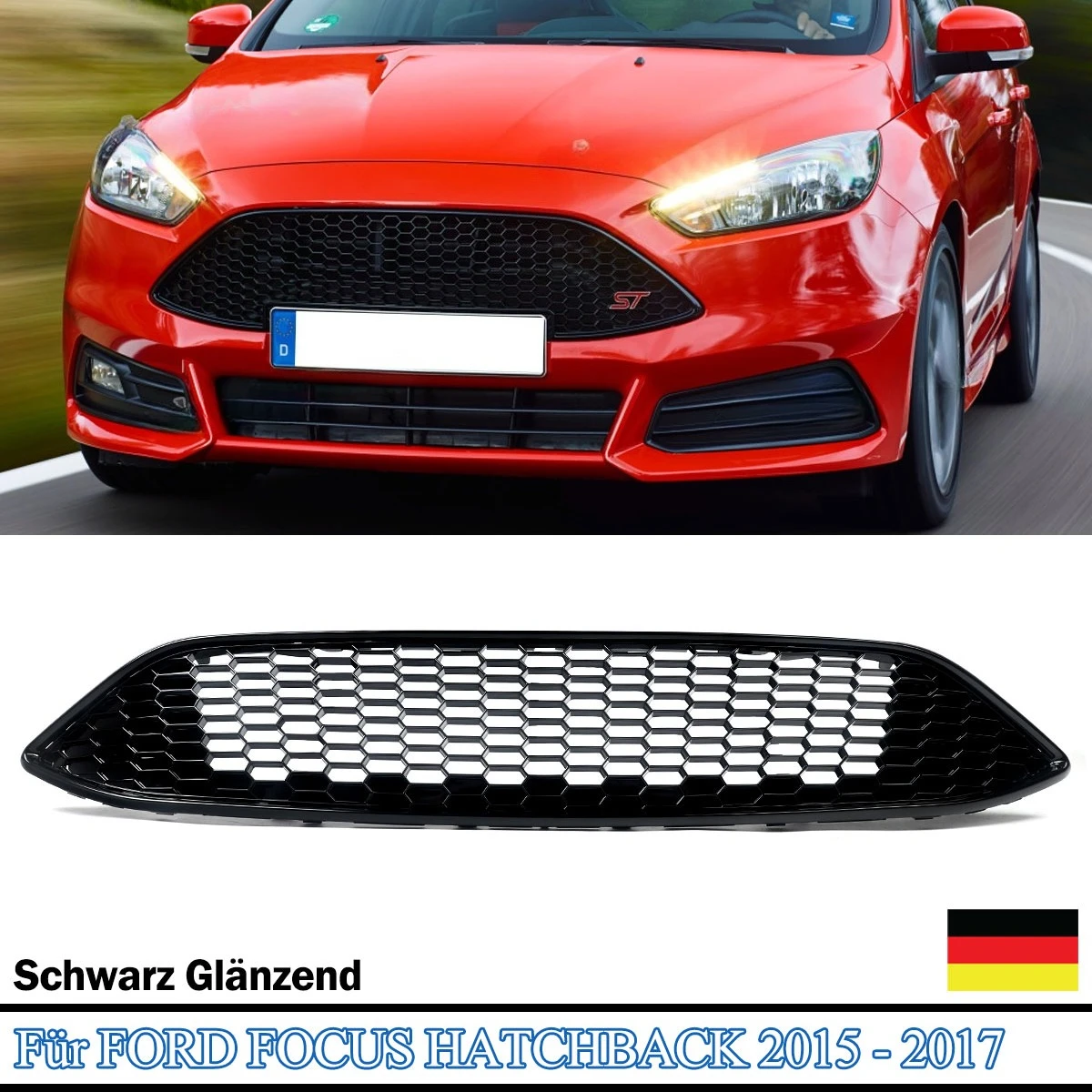 Image of Frontstoßstangen-Mittelgitter für Ford Focus MK3 2015-2018 Facelift ST Line Wabengitter-Stil Glänzend Schwarz Oberer Kühlergrill
