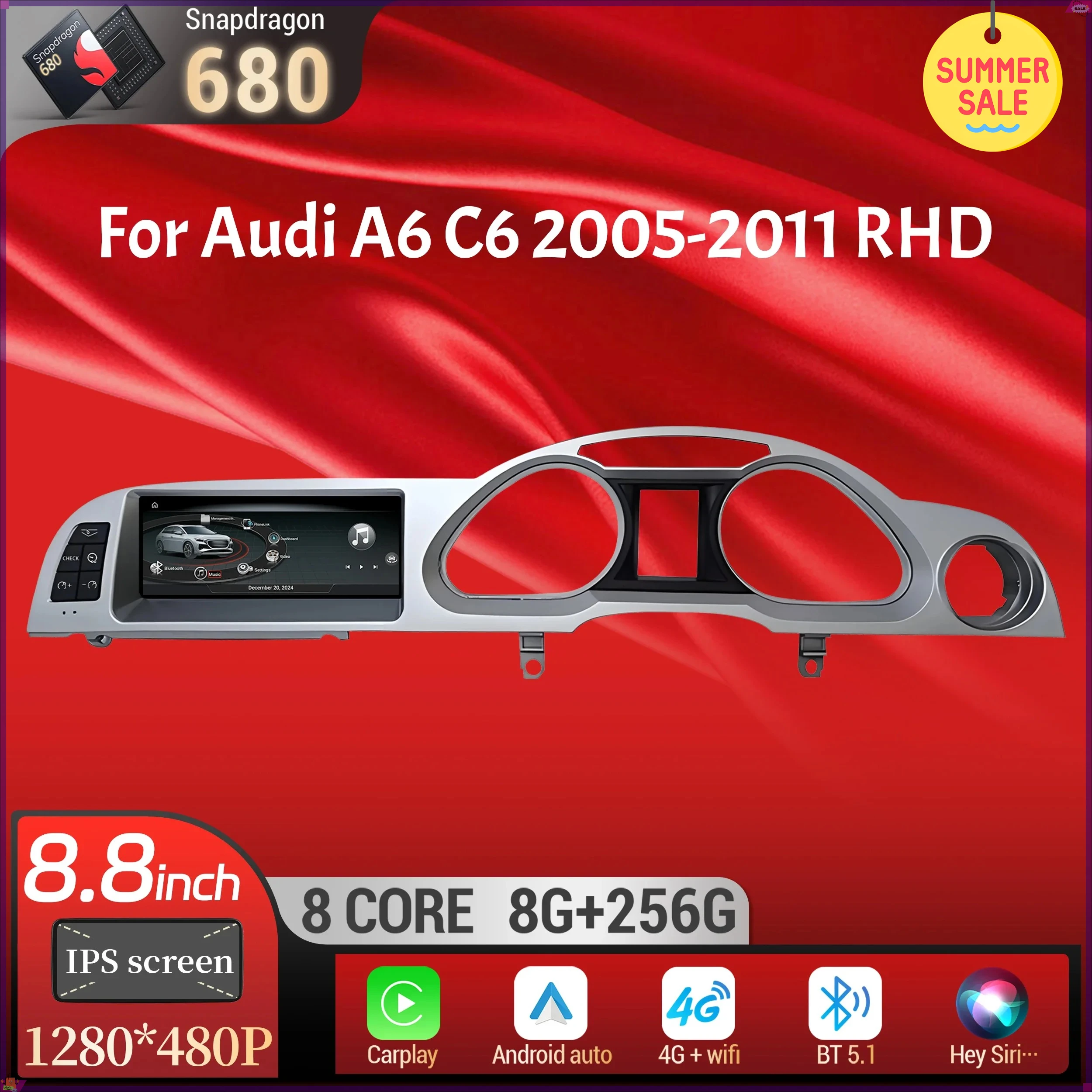 8.8 inch For Audi A6 C6 2005-2011 Right Hand Drive Android 14 Car Radio Wireless BT Carplay Qualcomm Snapdragon 680 Touch Screen