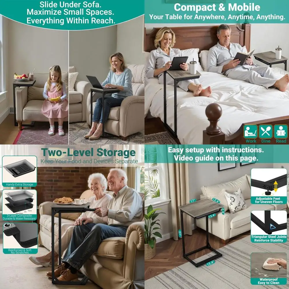 

Compact C-Shaped Sofa Side Table with Storage, Under-Couch Design, 27” High, Ideal for Small Spaces, Living & Bedroom Use