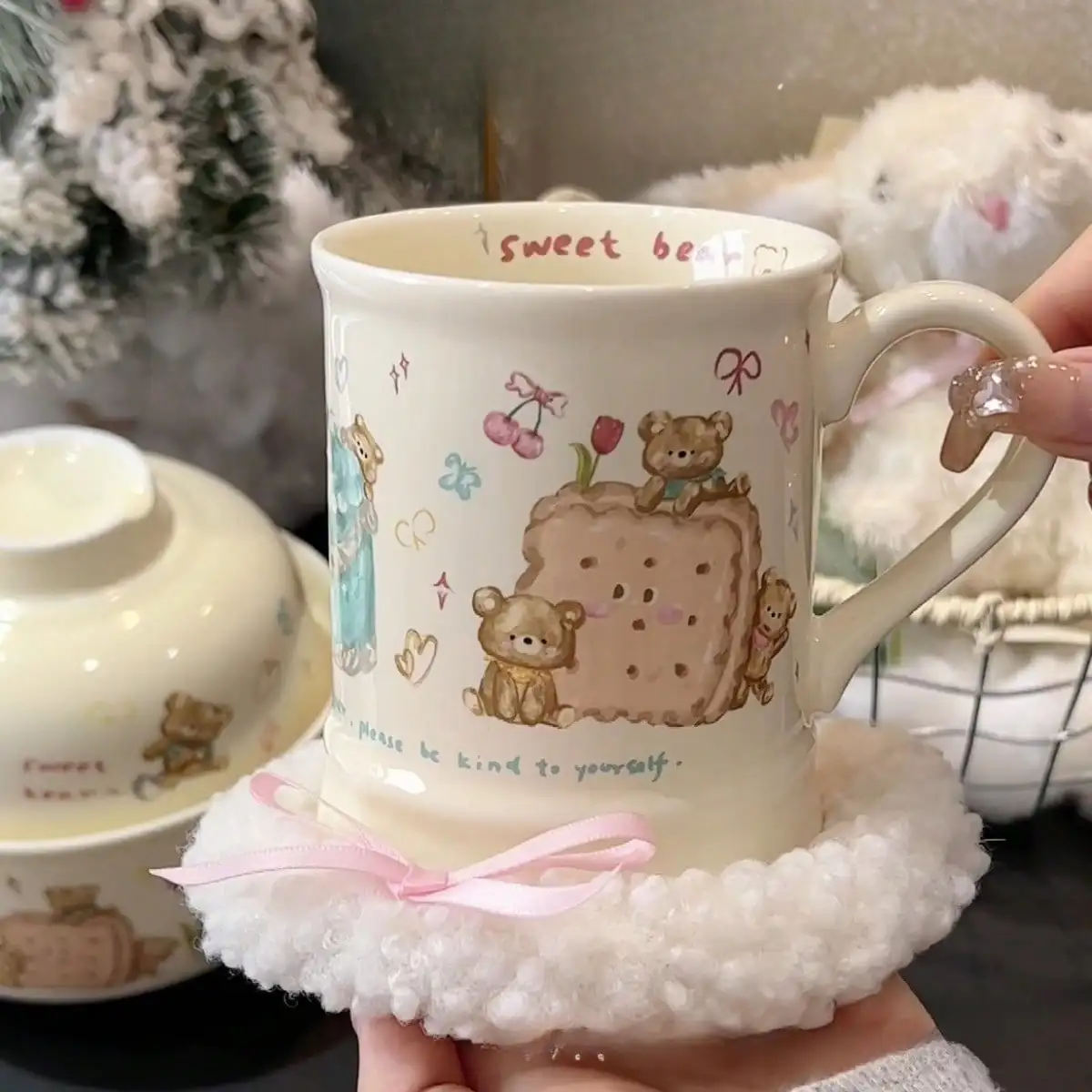 

Bear Biscuit Ceramic Mug Cute Hand-painted Cream Style Breakfast Milk Coffee Cup Couple Cup