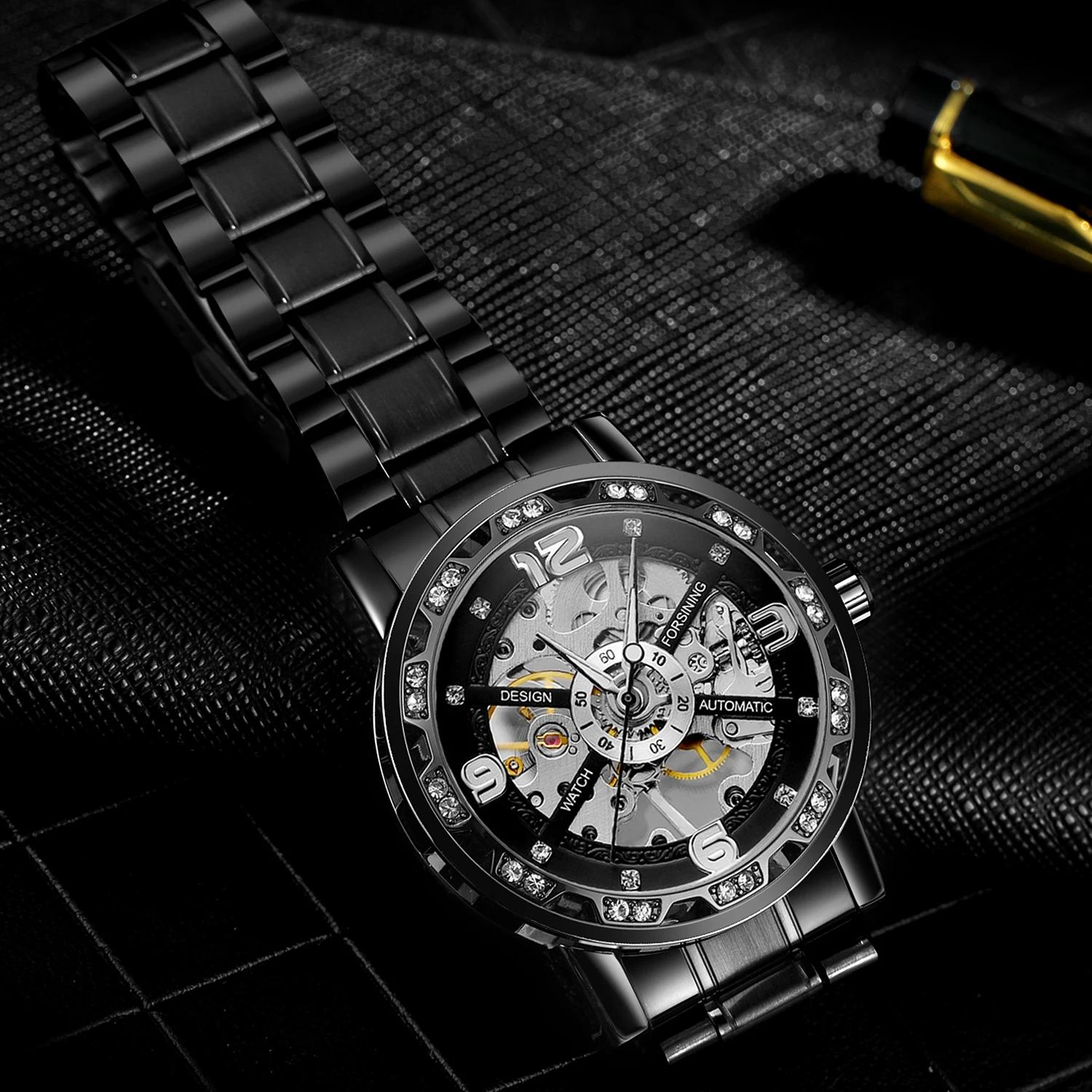 FORSINING الكلاسيكية النقش ساعات رجالي الهيكل العظمي الميكانيكية حجر الراين مؤشرات مضيئة الصلب الفاخرة رجل الأعمال ساعات المعصم