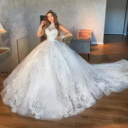 2023 árabe islâmico muçulmano vestidos de casamento para as mulheres árabe bola vestido de renda apliques hijab alta pescoço mangas compridas vestidos de noiva