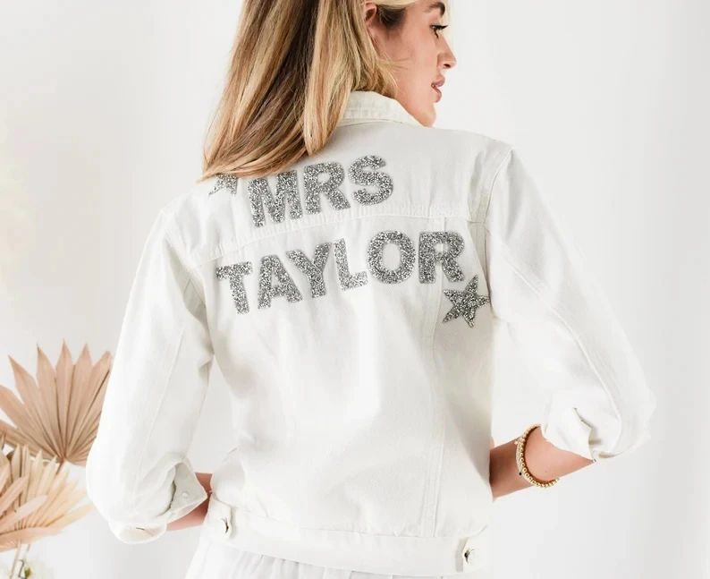 Personalized White Wedding Jacket Bride Denim Jacket Bride Jean Jacket Personalized Jacket Mrs Jacket Bridal Shower Gift Ideas