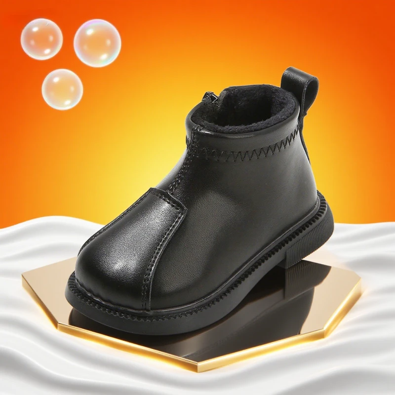 

Children's Baby Leather Boots 0-6 Years Old Black Padded Boys Girls Cotton Shoes Fall and Winter Lightweight Non-slip Kids Boots