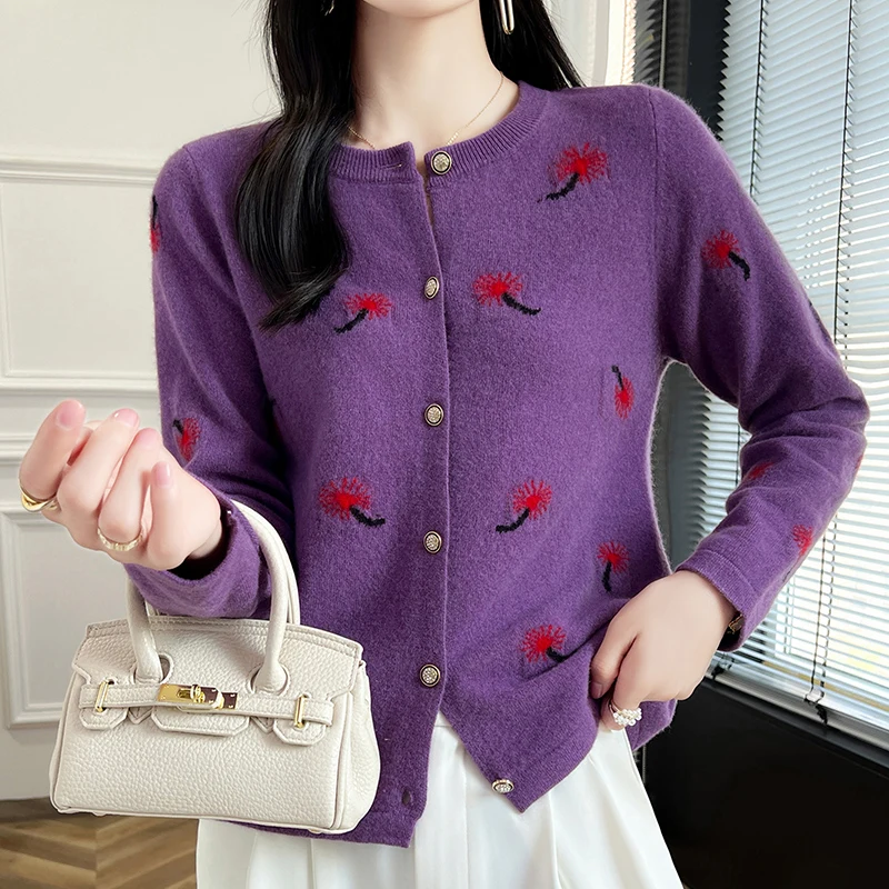 100%Wool Cashmere Cardigan Sweater Women's Autumn/Winter O-Neck Knit Long Sleeve Loose Clothing Korean Fashion Embroidery Jacket