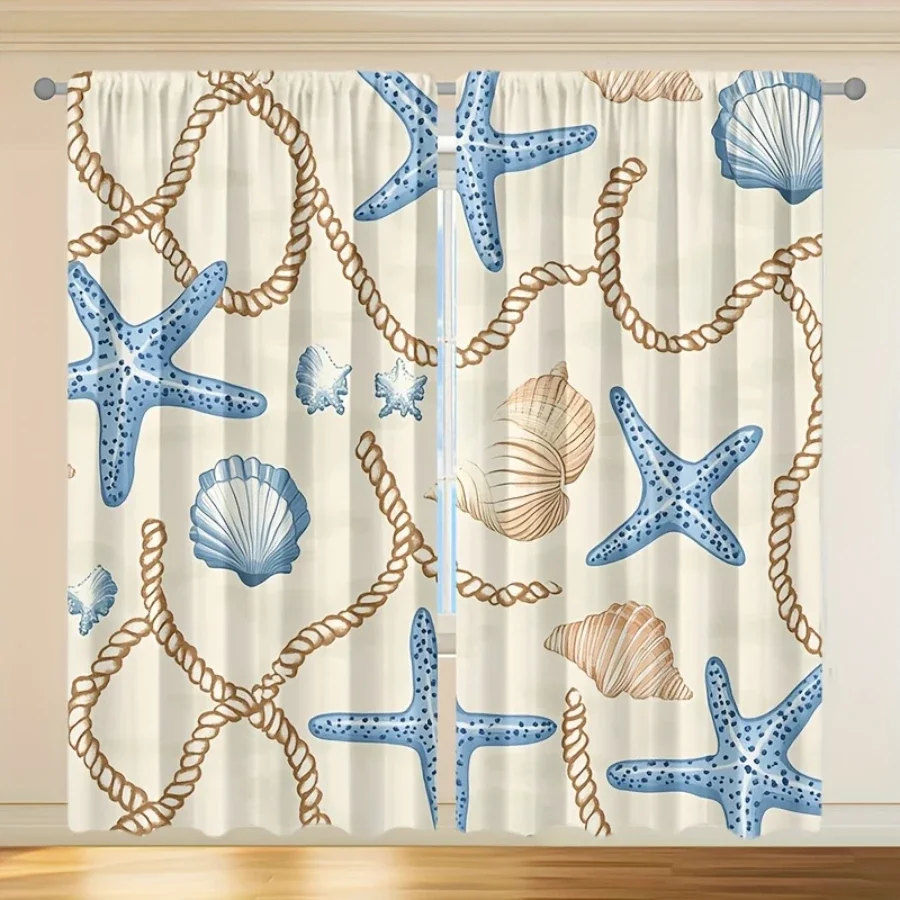 Beach Nautical Ocean Decor Curtains Coastal Style Sea Star Shell Rope Pattern Light Filtering Window Drapes