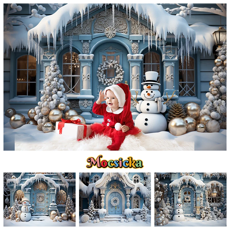 Christmas Snowman Backdrop Xmas Tree Winter Blue House Background Home New year Girl Boys Children Photo Studio Decoration Props