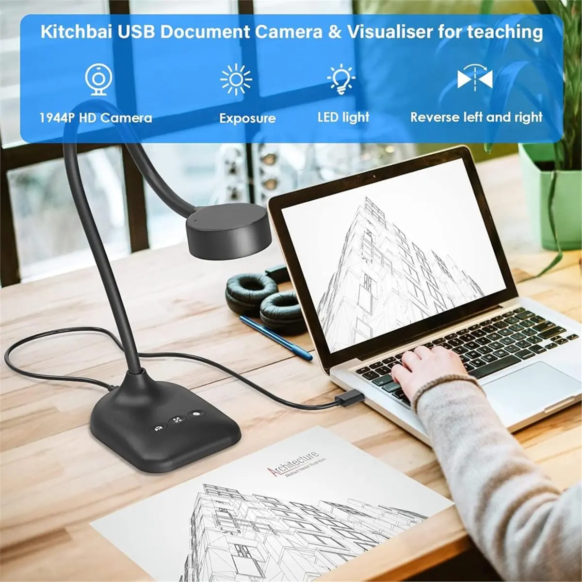 AU47-USB Document Camera, Document Webcam Camera with Mic, LED Lights, Image Invert, Folding for Learning Teaching