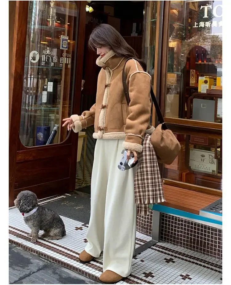 College Style Stand Collar Lamb Wool Coat Women Windproof Warm Fur Outwear Female Chic Thickened Loose Biker Jacket Streetwear