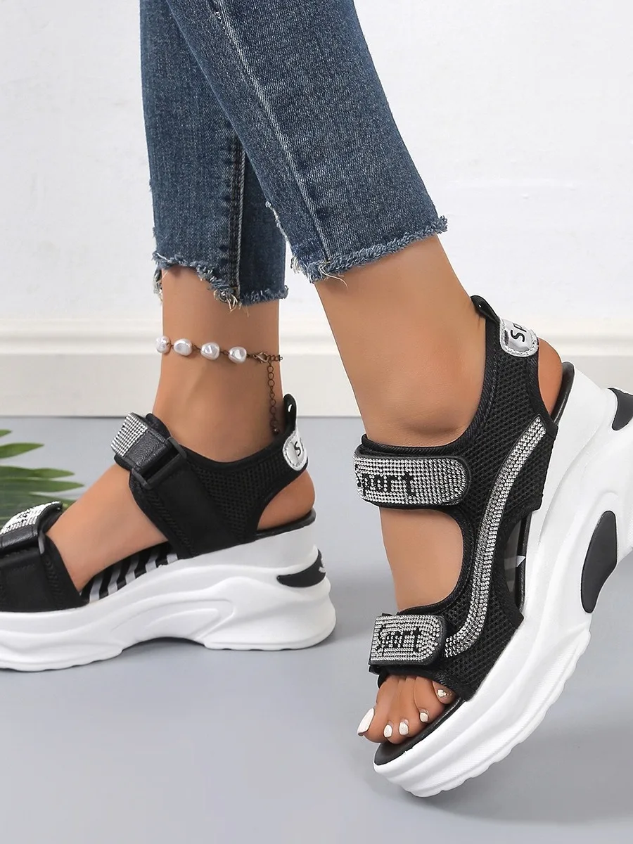 Elevated Sporty Beach Sandals with Magic Tape Thick Heel Flip Flops Open Toe mid Heel Chinese Made Footwears for Women