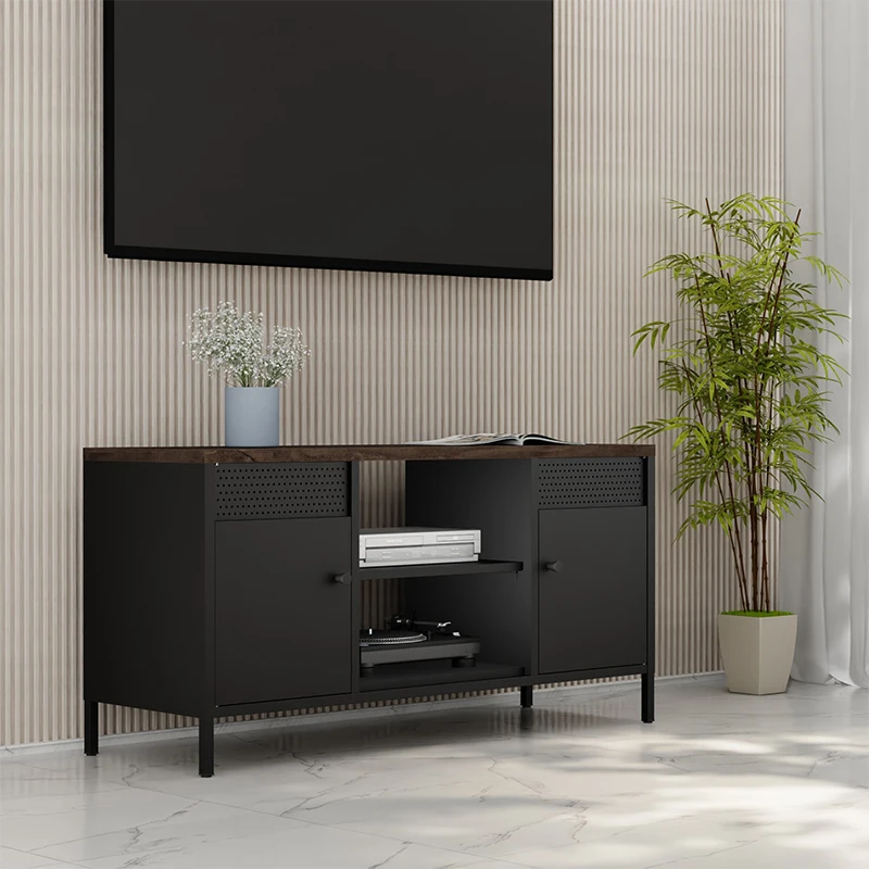 ！@Modern Steel Metal TV Stand with Wood Top and Storage Cabinet Black Living Room Furniture