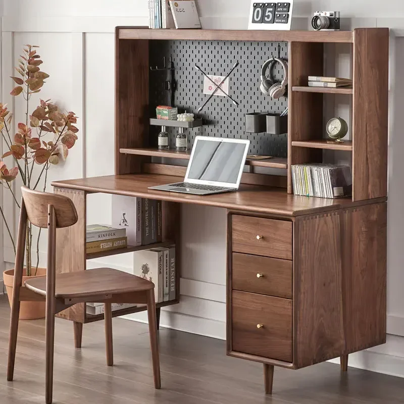 Nordic all solid wood computer desk study table black walnut double desk bookshelf simple modern