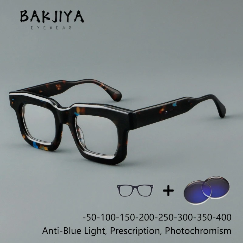 

Vintage Handmade Acetate Optical Prescription Eyeglasses Square Frame Large Face Men and Women Reading Anti-Blue Light Glasses