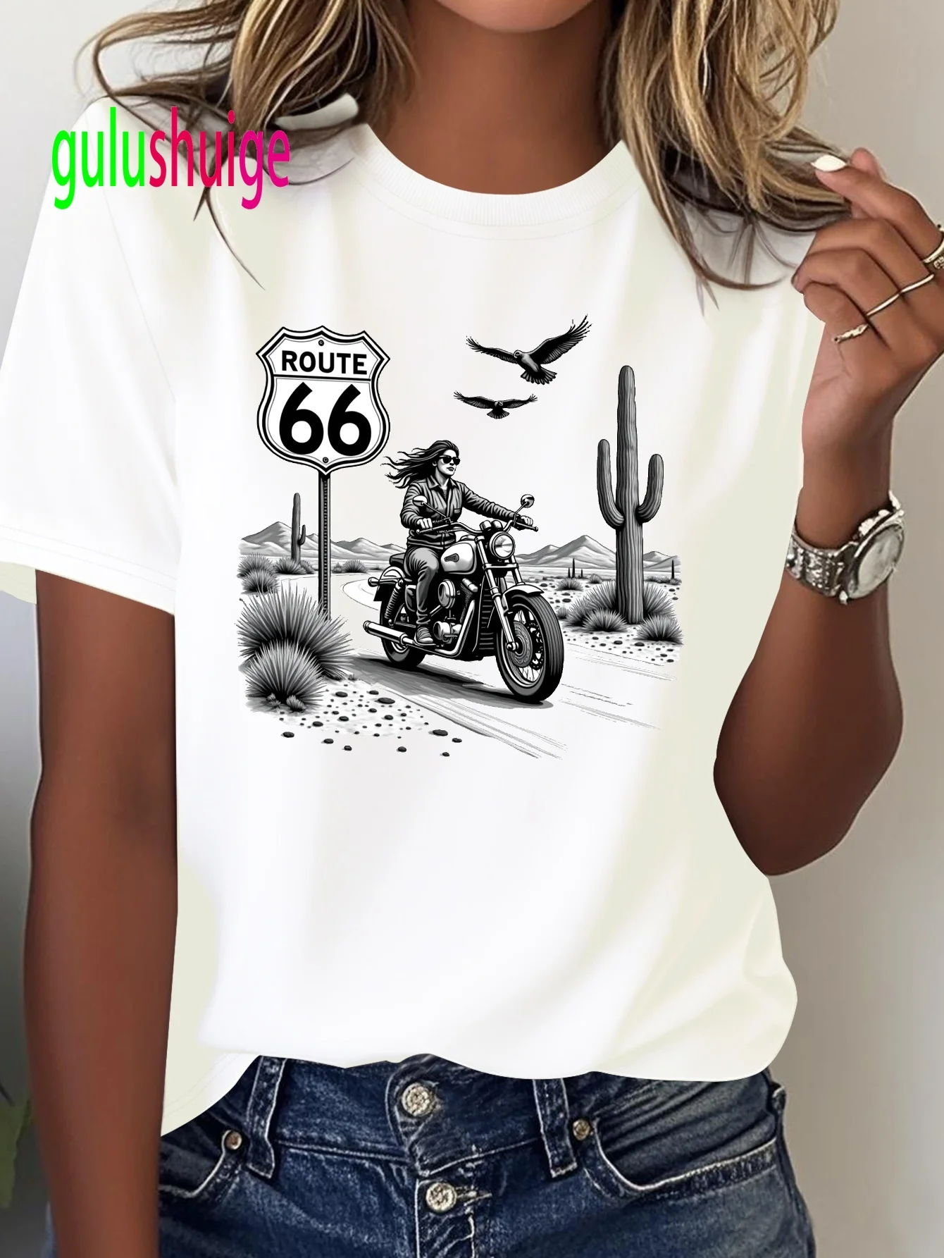 Route 66 Motorcycle Desert Adventure Women's Comfortable T-Shirt Casual Vintage Style T Shirt Graphic Tops Clothes Female Outfit