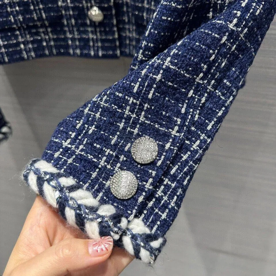 Fashion Design Blue Plaid Woven Tweed Jacket Women O-neck Long Sleeve Single Breasted Twist Pockets Vintage Coat