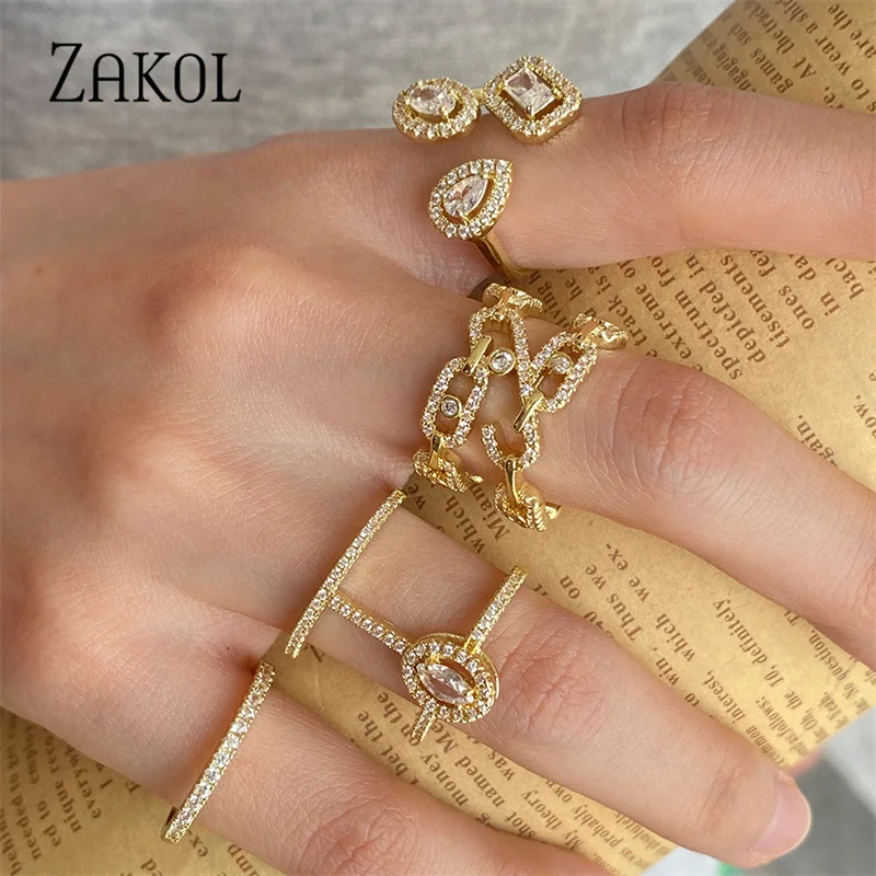 ZAKOL Temperament Paper Clip Full CZ Open Rings White Gold Color Personality Fashion Engagement Ring Jewelry Gifts