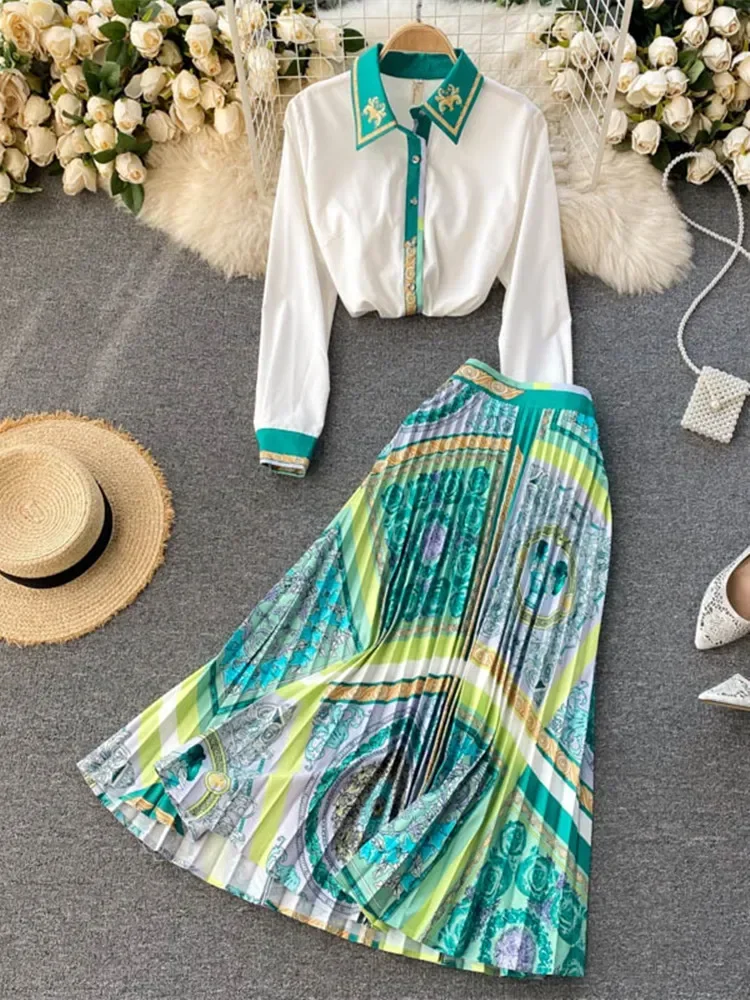 

New Spring Fashion Runway Midi Skirt Sets Women's Long Sleeve Contrast Color Green White Shirt And Pleated Skirts Two Piece Suit