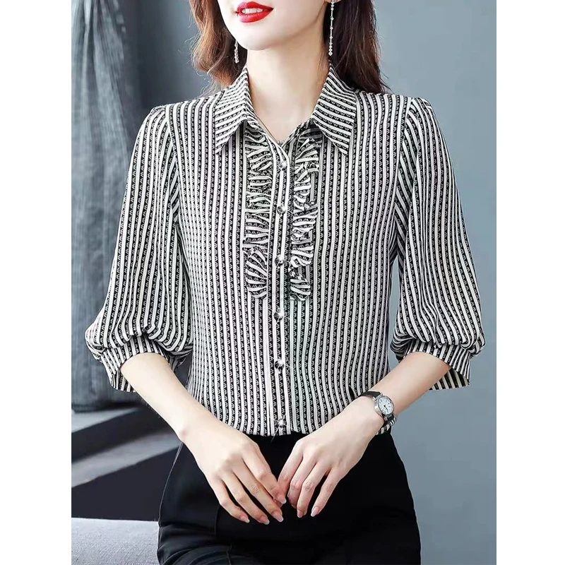 Women\'s Korean Fashion Ruffle Striped Print Button Up Shirt Elegant Lapel Commute Chiffon Blouse Casual Loose Tops Ropa De Mujer