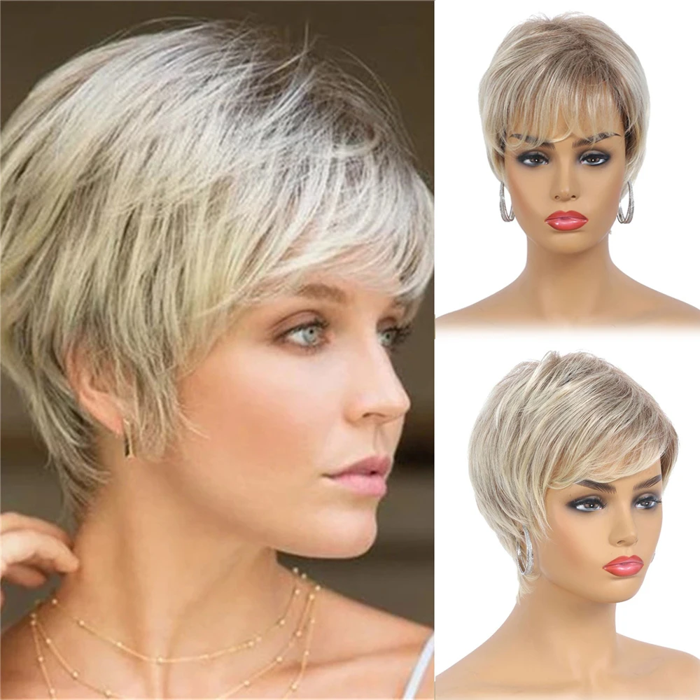 Moda feminina curto perucas sintéticas pixie corte marrom ombre cabelo traje festa perucas para mulher macio natural encaracolado peruca