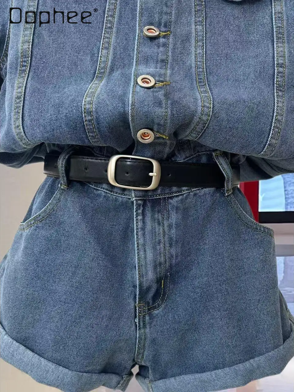 แฟชั่นบุคลิกภาพสีฟ้าแขนสั้นเข็มขัด Slim เอวสูง DENIM Jumpsuit กางเกงขาสั้น COMMUTER สไตล์แนวโน้มอารมณ์ Jumpsuit