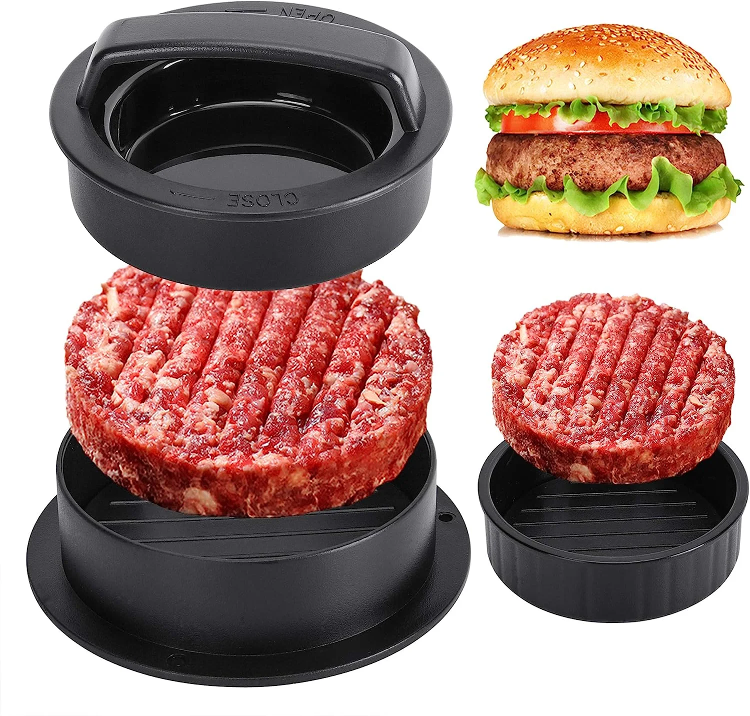 

Hamburger Press Patty Maker Burger Press 3 in 1 Non-Stick Meat Beef Veggie Hamburger Mold Kitchen Gadgets to Make Patty