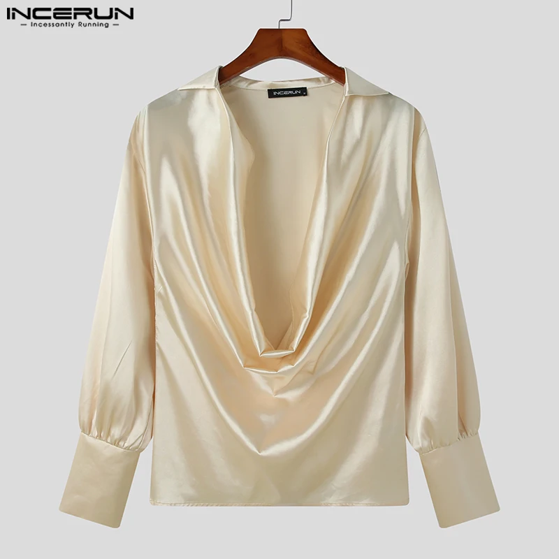 INCERUN Tops 2024 American Style New Men's Fashionable Satin V-neck Shirts Casual Streetwear Male Solid Long Seeved Blouse S-5XL