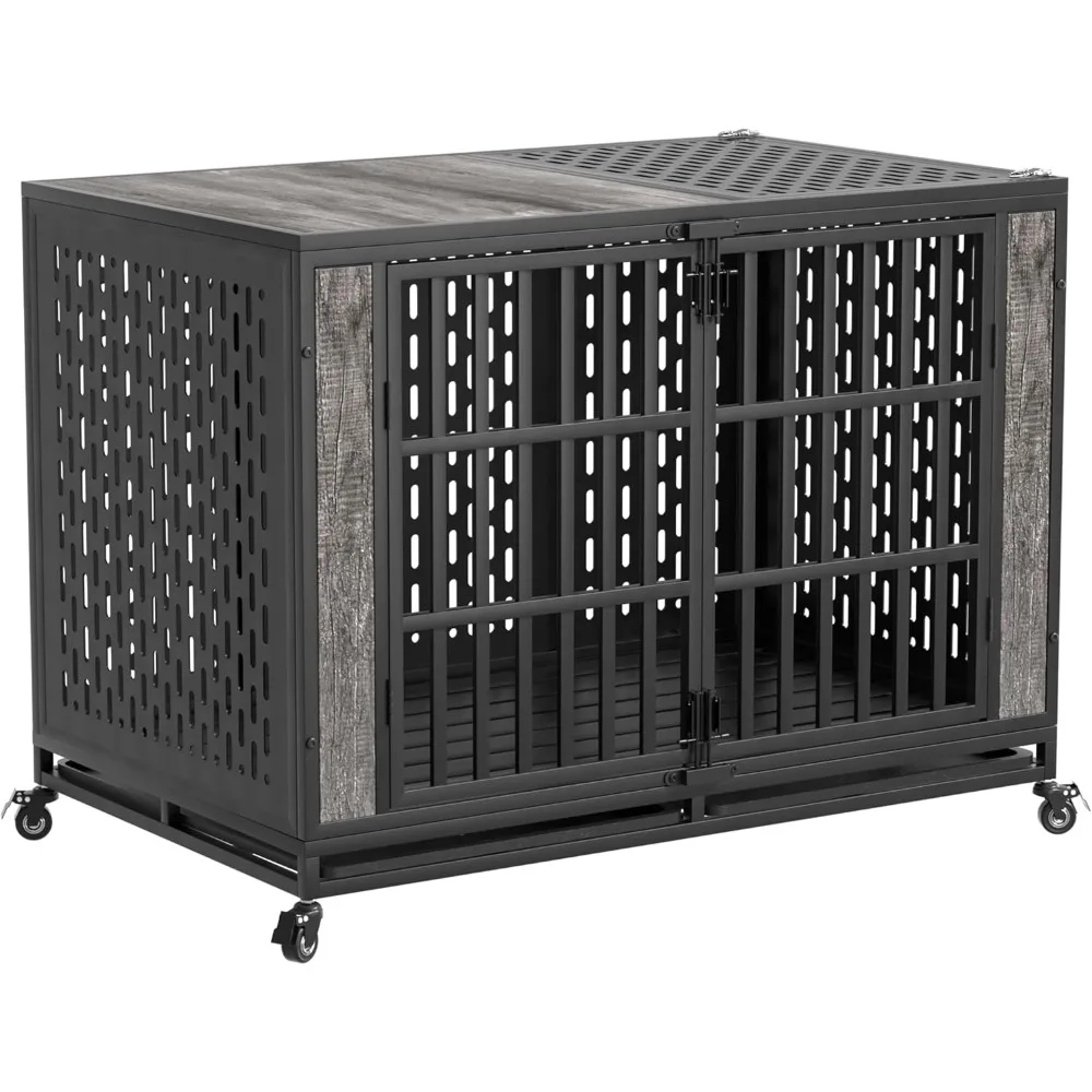 

48inch Heavy Duty Dog Crate Furniture, Escape Proof Large Medium Kennel for High Anxiety Dogs, Indestructible Pet Cage Indoor, R
