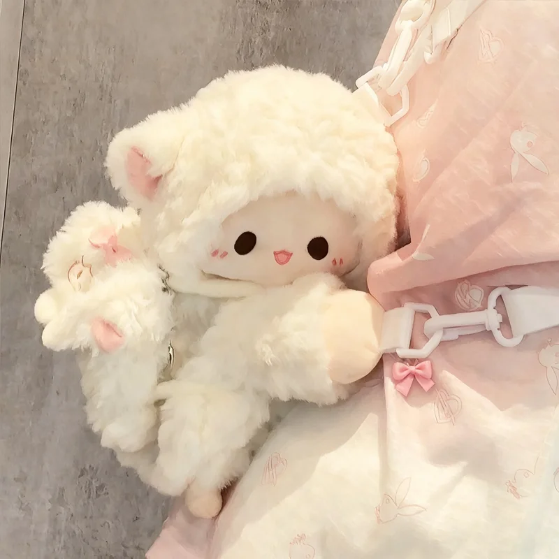 Mochila cruzada de felpa de oveja suave de dibujos animados Kawaii, monedero bonito, pose tumbada, viaje diario, bolso de muñeca versátil a la moda, regalo de vacaciones