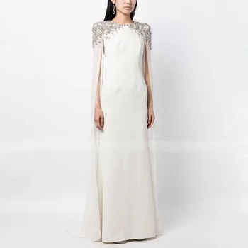 Robes de soirée de mariage ivoire pour femmes, manches d'horloge en cristal de luxe, robe de sirène à col rond, robe de mère de la mariée