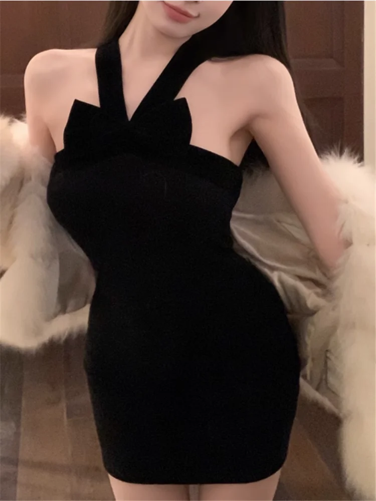 ホルターネック レディース ブラック レッド ビッグボウ ストレス ミニ ペンシルドレス サマーファッション ノースリーブ スモールガール ショート ボディコン タイト パーティードレス