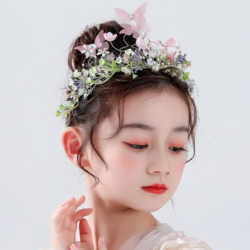 2024 Sweet Butterfly Wreath Headband For Kid  Princess Flower Hair Band Children\'s Forest Style  Hairbands Flower Girl headpiece