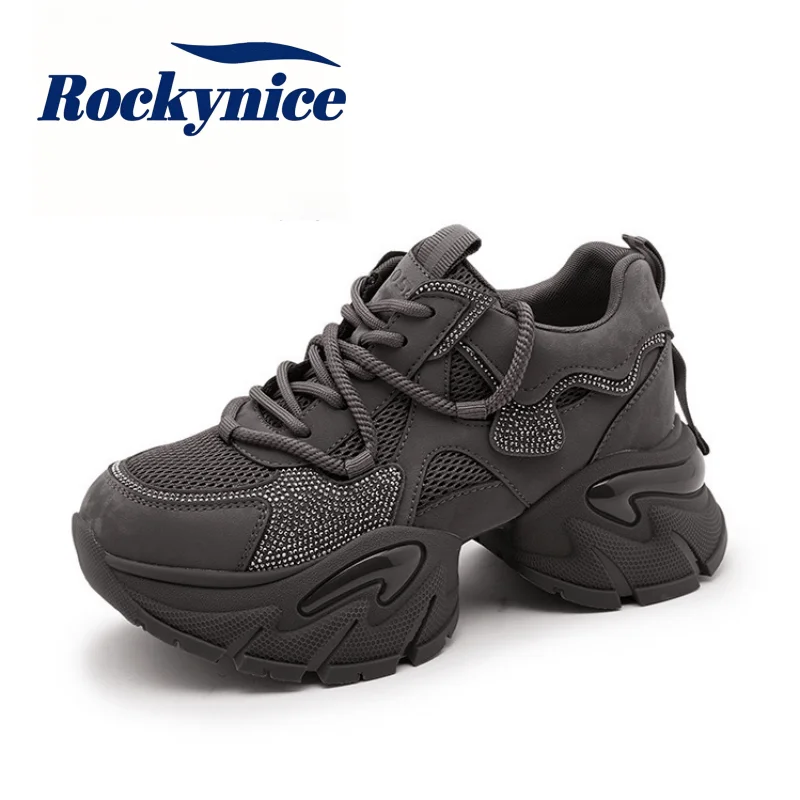 6CM Women's Bling Thick Bottom Dad Shoes New 2026 Autumn Genuine Leather Chunky Sneakers Winter Warm Trendy Casual Sports Shoes