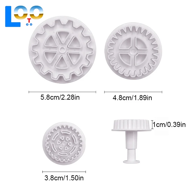 3ชิ้นพลาสติกเกียร์รูปร่างลูกสูบF OndantตัดDIYเค้กSugarcraftตกแต่งเครื่องมือคุกกี้อบแม่พิมพ์อุปกรณ์ตกแต่ง