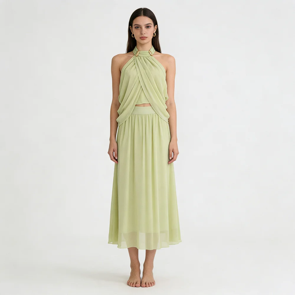 

Nova Women's 2 Piece Halter Set Draped Chiffon Crop Top & Maxi Skirt Gold Hardware Elegant Outfit