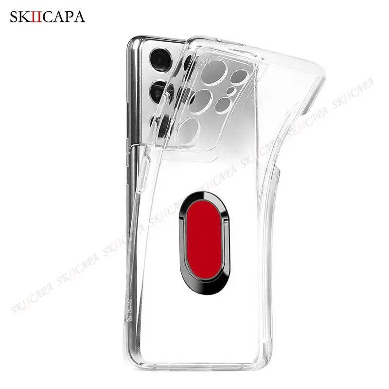 For Samsung S21 Ultra Stylus Socket SPen Slot Transparent Case For Galaxy G9980 G998D G998U Magnetic Ring Stand Soft Clear Cover