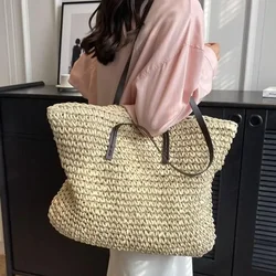 CTB4-Bolso de mano tejido de paja para mujer, bolsa de mano de gran capacidad, informal, de lujo, a la moda, para playa