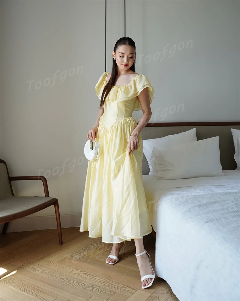 Toofan с оборками, желтые вечерние платья трапециевидной формы, вечернее платье длиной до щиколотки по индивидуальному заказу, специальное платье для выпускного вечера знаменитостей с короткими рукавами