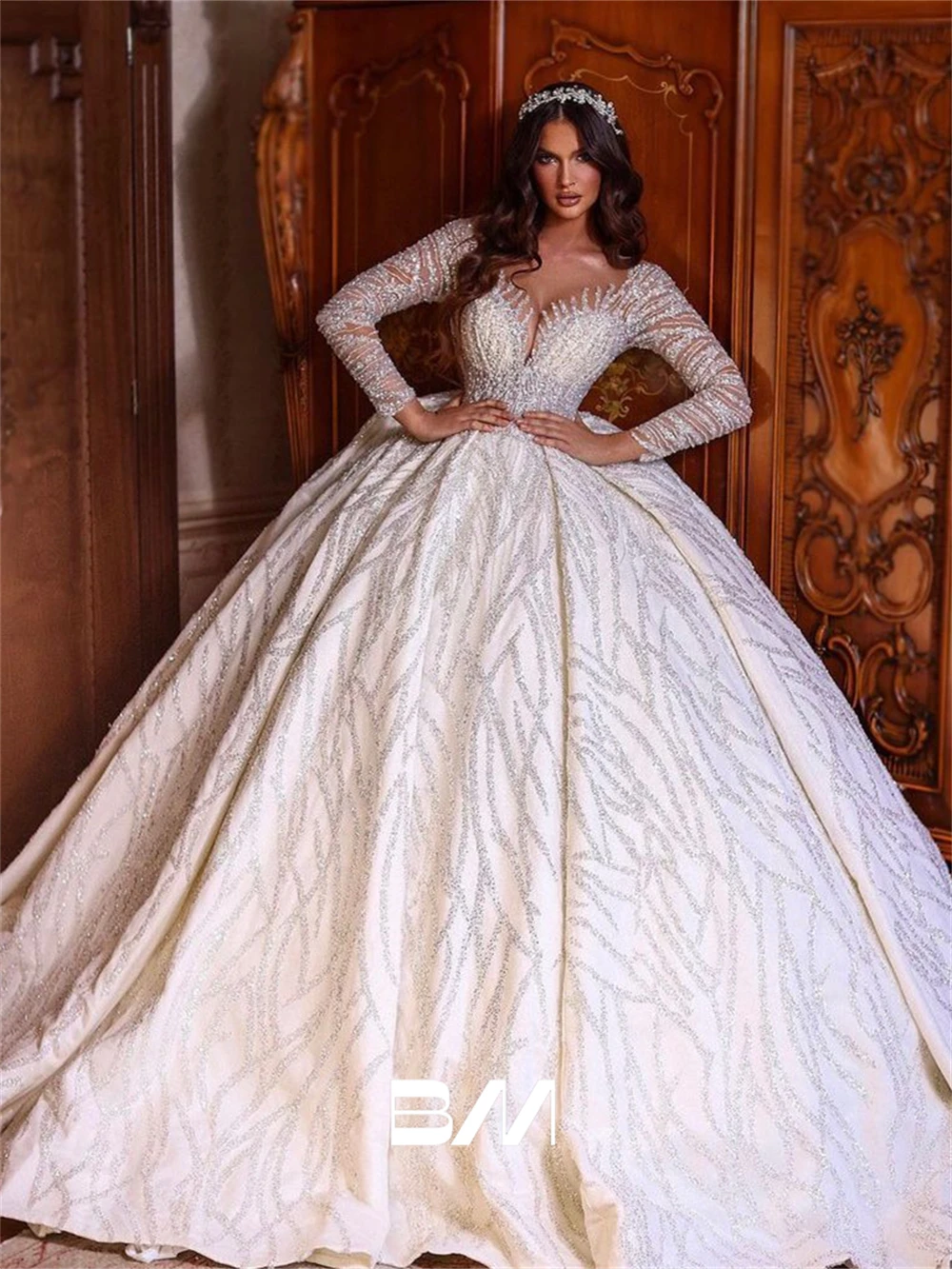 Long Illusion Sleeves Bride Dresses Ball Gown Corset Queen Large Wedding Dress for Women 2024 Luxury Bridal Gown Custom BRLMALL