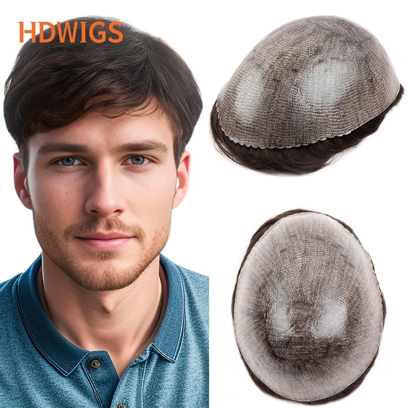 Choice Men Toupee Indian Human Hair Wigs for Man Full PU 0.12cm Hairpiece With Knots Brown Natural Human Hair System Replacement