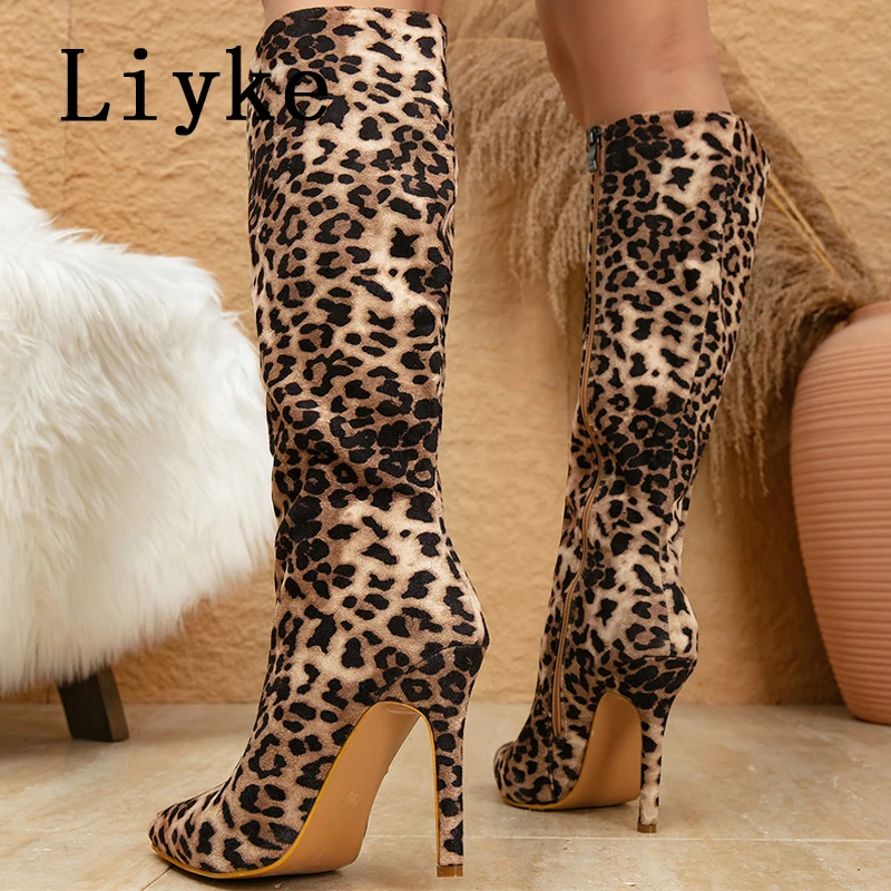 Liyke Designer Pointed Toe Leopard Print Knee High Boots Women Fashion Zip Autumn Winter Stiletto Heels Motorcycle Shoes Size 42