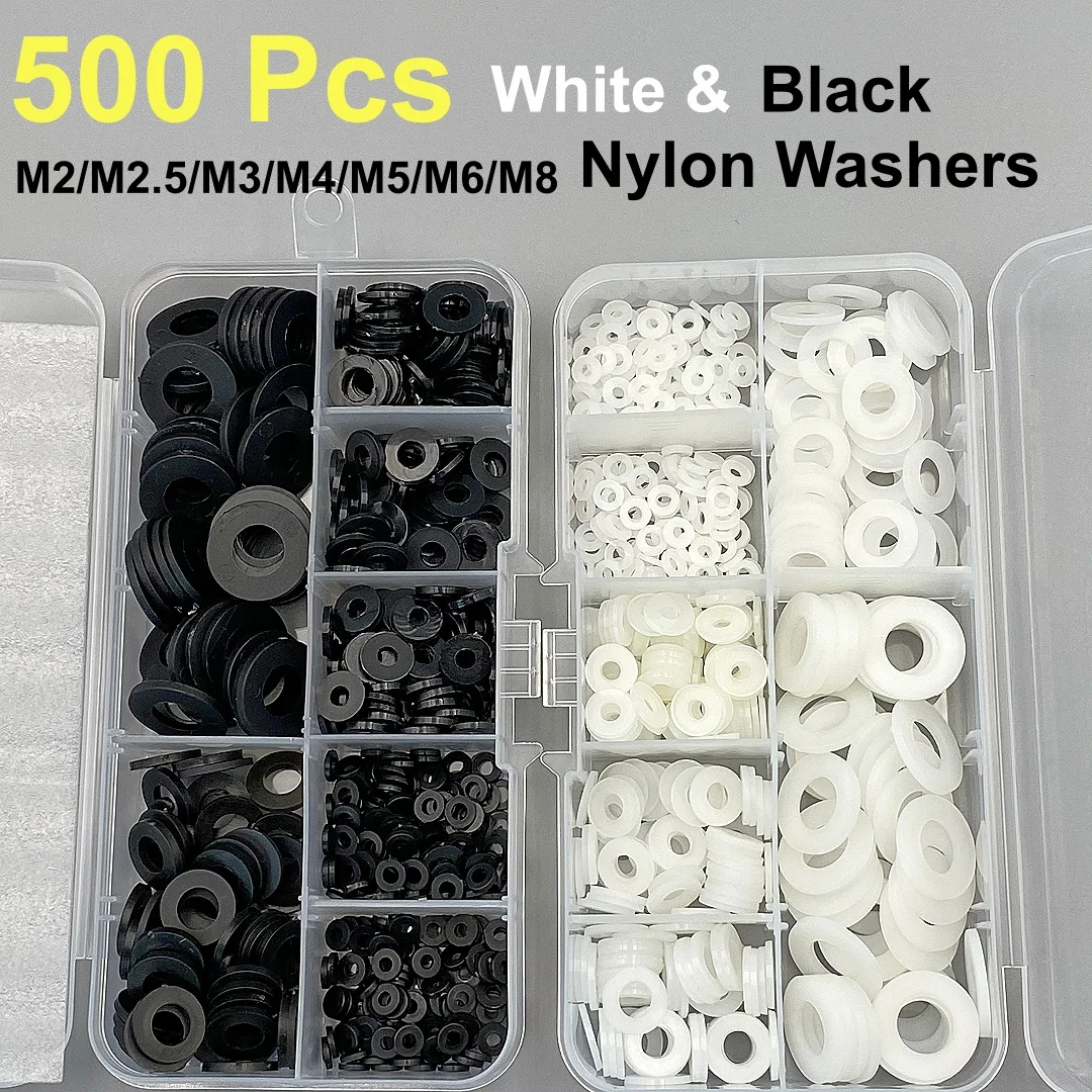 500 Pcs White & Black Nylon Washers M2 M2.5 M3 M4 M5 M6 M8 PA66 Plastic Insulation Spacers Gasket For Bolts Screws