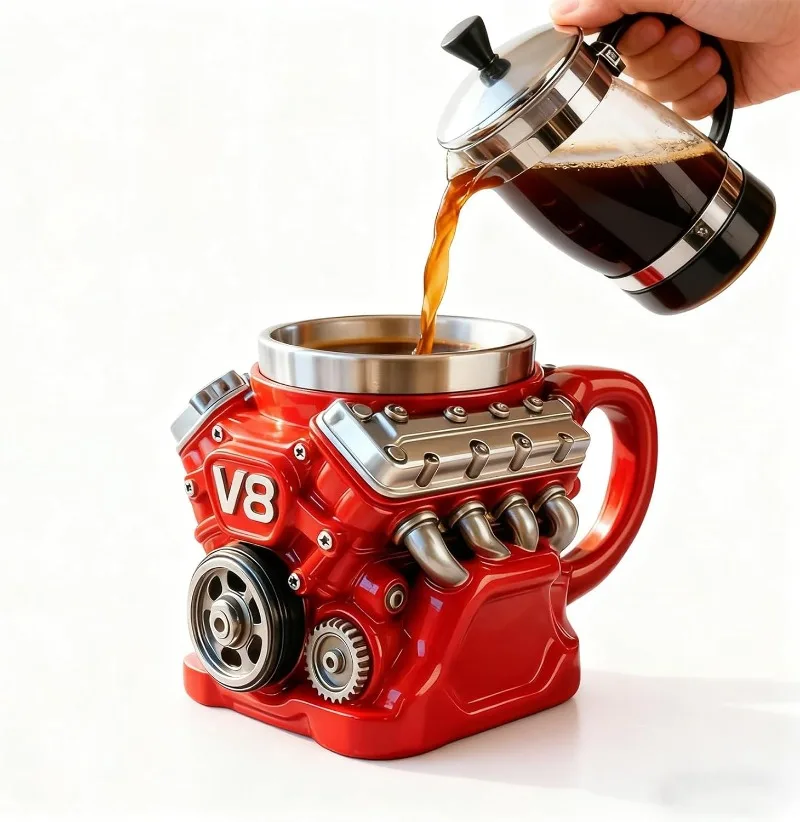 

Vintage V8 Engine Coffee Cup Resin Personalized Double Insulation Car Cup Home Living Room Table Decoration Ornaments Water Cup