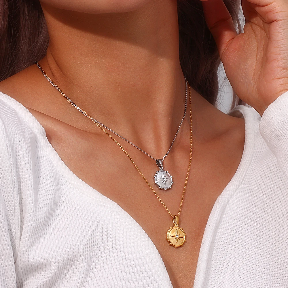 Cute Crystal Basic North Star Gold Plated Coin Necklace For Women Silver Color Stainless Steel Necklace Casual Retro Collar