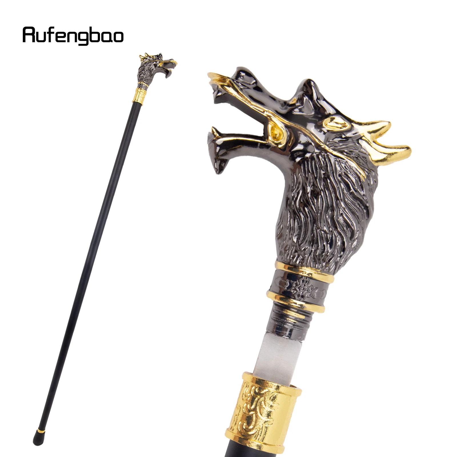 

Golden Black Luxury Dragon Head Single Joint Walking Stick with Hidden Plate Self Defense Fashion Cane Cosplay Crosier 93cm