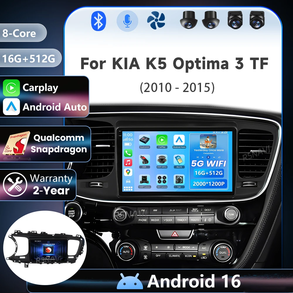 Radio para Auto Android 16 Qualcomm para KIA Optima K5 2013 - 2015 Carplay Auto BT Navegación Estéreo Reproductor de Video Multimedia Cámara 360