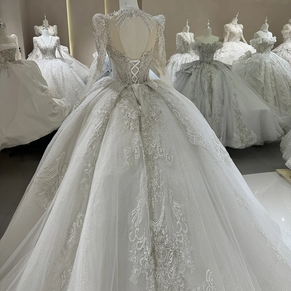Gorgeous Ball Gown Customized Wedding Dresses With Glitter Factory Wholesale Long Sleeves Backless vestidos de novia DW0085