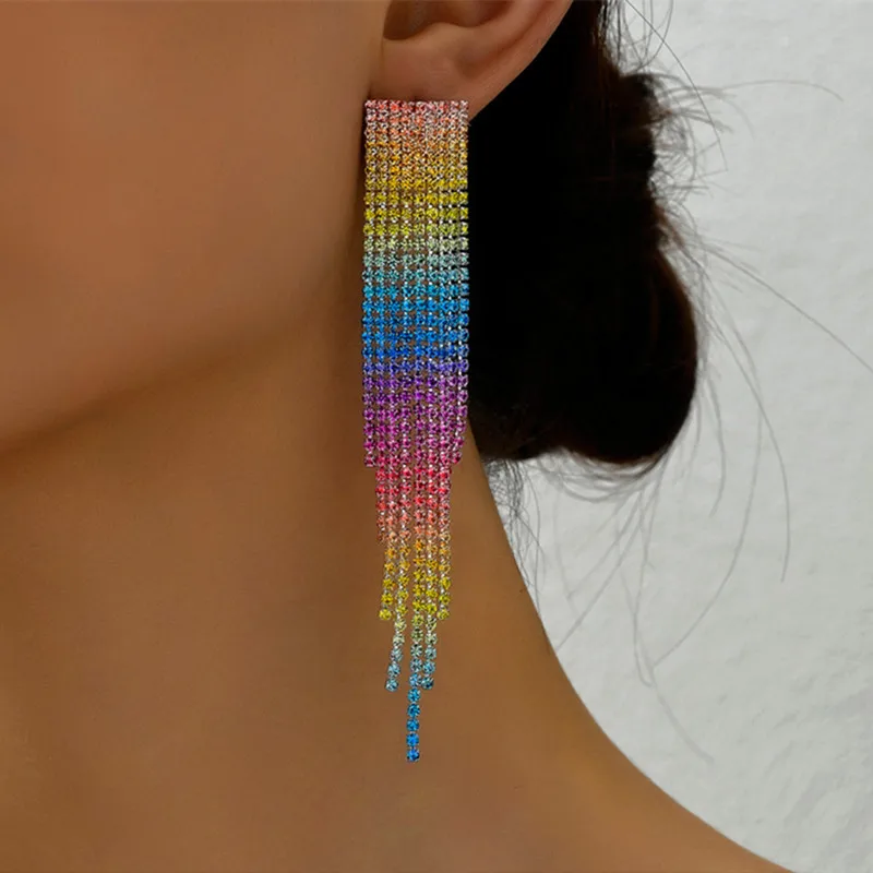 Kymyad Full Multicolor Crystal Women's earrings Long Tassel Chains Earrings Fashion Jewelry Shining Blingbling Ladies Earrings